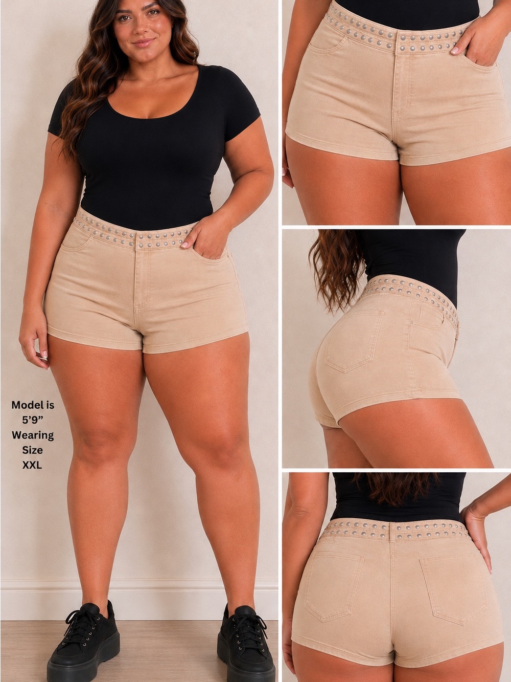 Studded Waist-Beige-Women's Shorty-Shorts